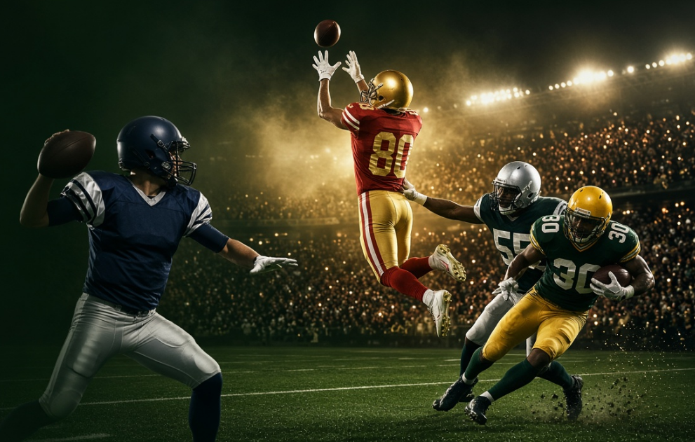 American football players under stadium lights